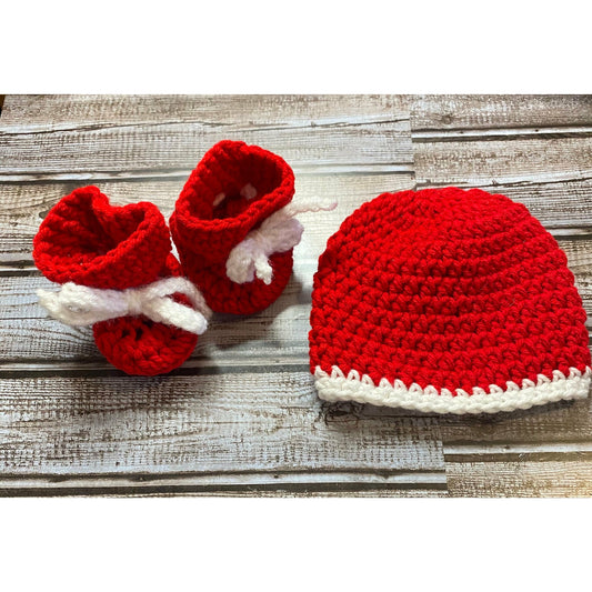 Handmade Newborn Crochet Beanie and Bootie Set Red/White