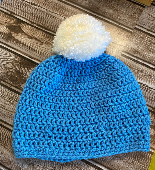 Handmade crochet hat (beanie) Medium Blue with Pom