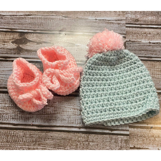 Newborn Crochet Beanie and Bootie Set Mint Green/Pink