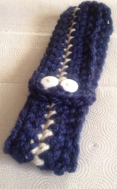 Handmade Crochet Adult Adjustable headband San Diego Navy Blue with off white nautical stripe and 2 white buttons