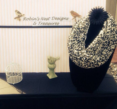 Crochet Infinity Scarf -  Black & Aran
