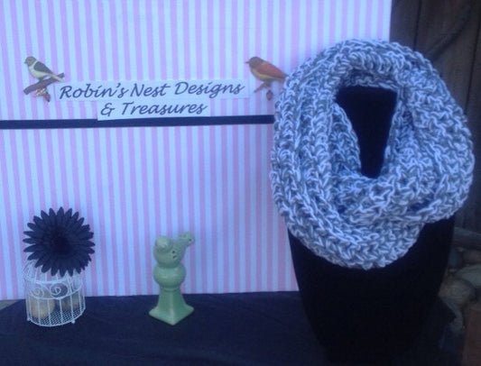 Crochet Infinity Scarf - True Grey & White