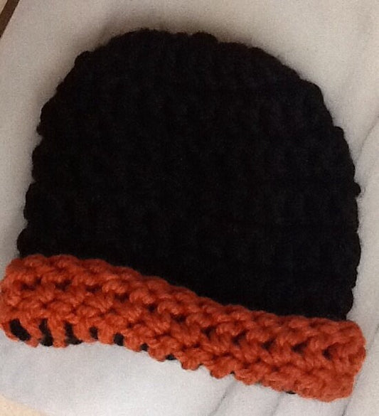 Handmade crochet child's hat (beanie). Black & Pumpkin SF Giants