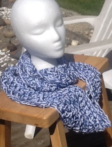Crochet Infinity Scarf - Denim Mist & White